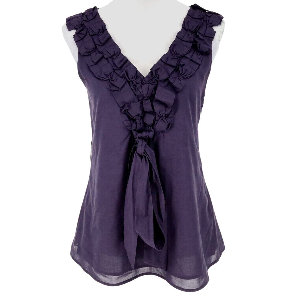 Baraschi Top Womens 6 Purple Ruffle Neck Blouse Side Zip Lined Fitted Romantic